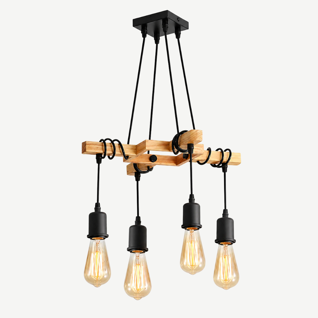 Suspension Luminaire Industrielle 4 Lumières – Bois & Métal Noir Vintage