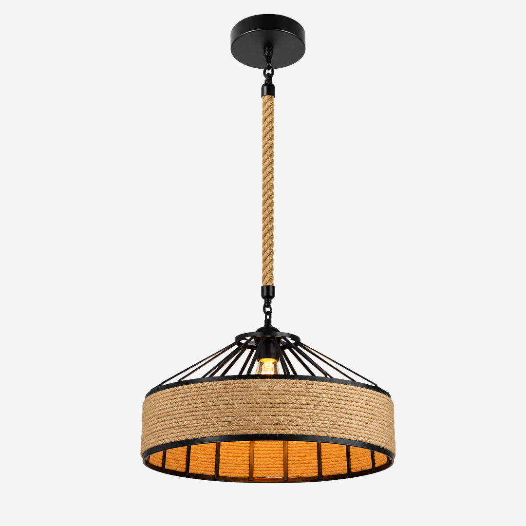 Suspension Luminaire Industrielle Corde Tressée Ø30 cm – Métal Noir Vintage