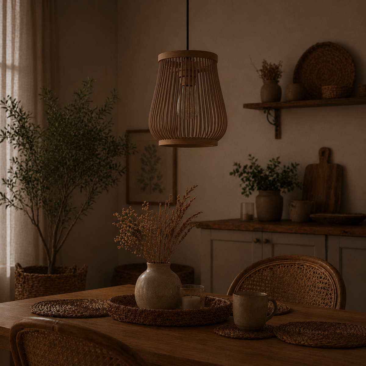 Suspension Luminaire Rotin Tressé 20 cm – Lampe Suspendue Design Naturel Bohème Salon