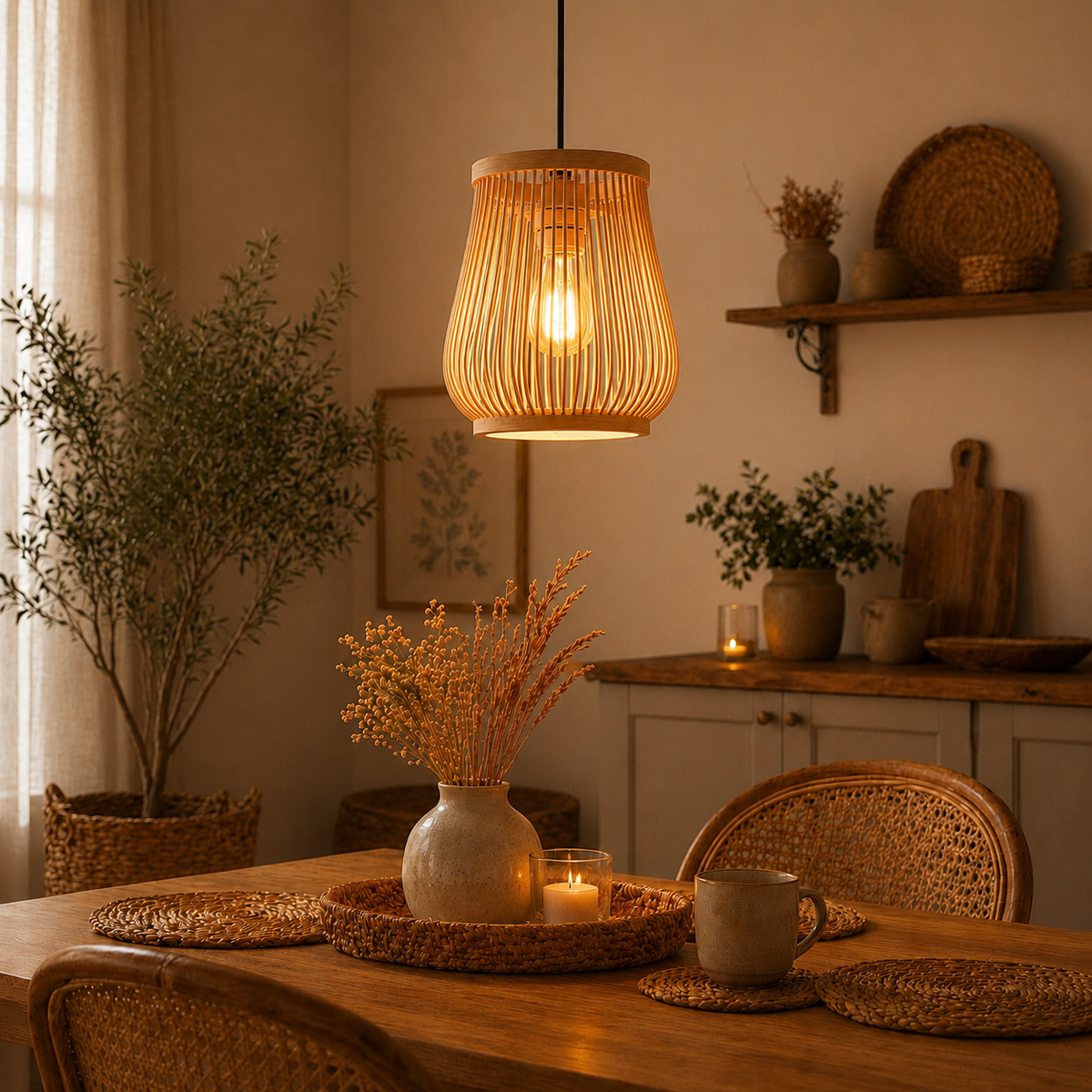 Suspension Luminaire Rotin Tressé 20 cm – Lampe Suspendue Design Naturel Bohème Salon