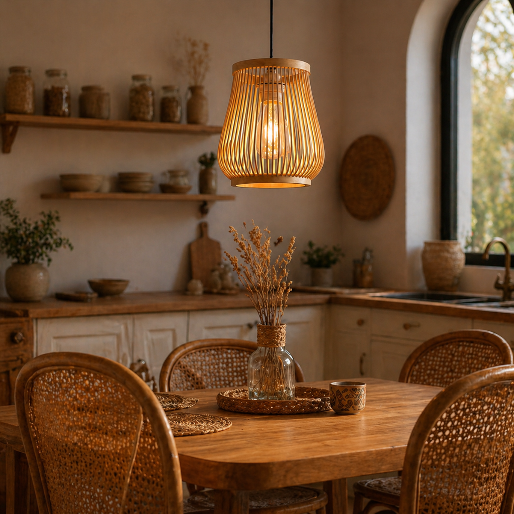 Suspension Luminaire Rotin Tressé 20 cm – Lampe Suspendue Design Naturel Bohème Salon